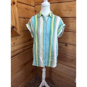 Love & Taylor 100% Linen Stripe Button Shirt Coastal Summer Blouse Womens Medium
